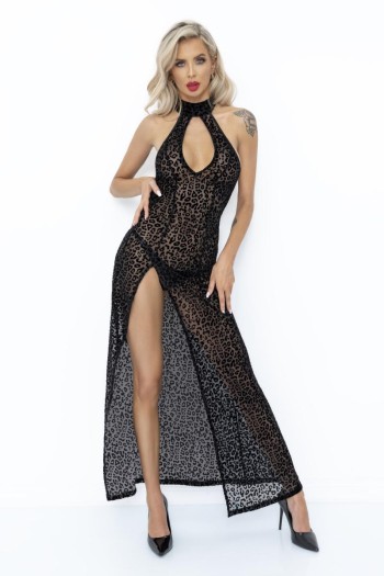 F288 Langes Flockkleid im Leoparden-Look mit Schlitz - L