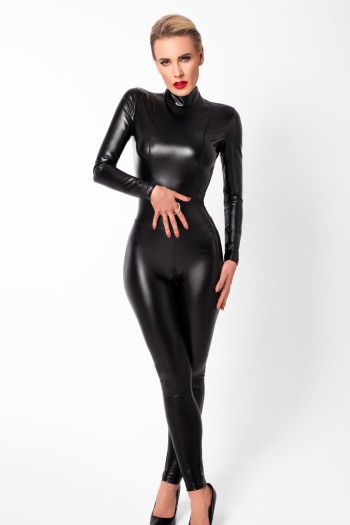 F319 Powerwetlook Catsuit mit Reißverschluss und Ring - S