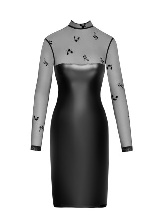 F310 halblanges Powerwetlook Kleid mit Tüll - S