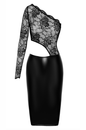 F339 halblanges Wetlook Kleid mit Spitze - M